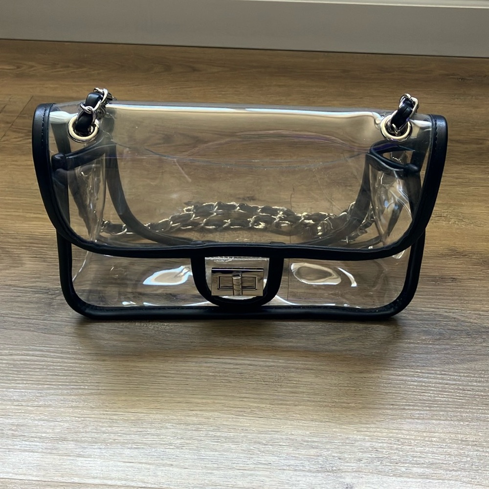 Medium Flap Transparent PVC Black Trim Bag with Silver Hardware